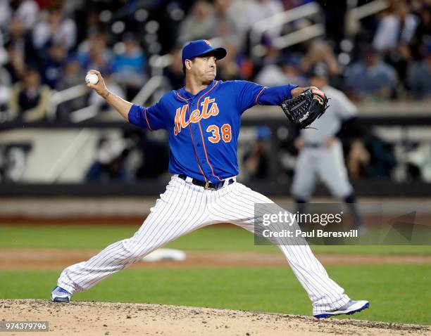 Pitcher Anthony Swarzak of the New York Mets pitches in relief in an interleague MLB baseball game against the New York Yankees on June 10, 2018 at...