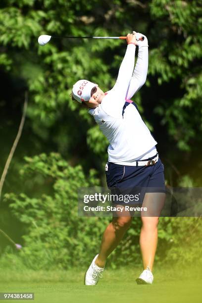 Ariya Jutanugarn of Thailand hits her tee shot on the eighth hole during the first round of the Meijer LPGA Classic for Simply Give at Blythefield...