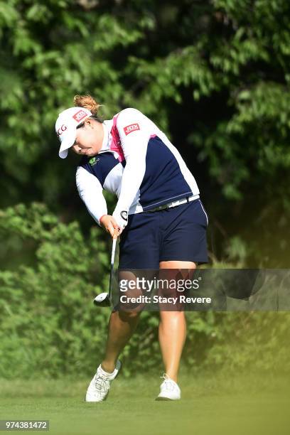 Ariya Jutanugarn of Thailand hits her tee shot on the eighth hole during the first round of the Meijer LPGA Classic for Simply Give at Blythefield...