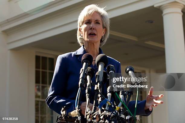 Kathleen Sebelius, U.S. Health and human services secretary, speaks to the media outside the White House following a meeting with insurance industry...