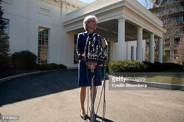 Kathleen Sebelius, U.S. Health and human services secretary, speaks to the media outside the White House following a meeting with insurance industry...