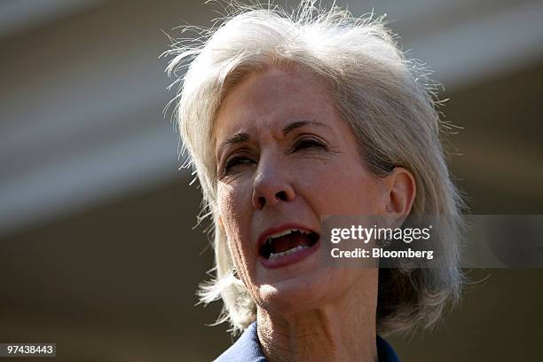 Kathleen Sebelius, U.S. Health and human services secretary, speaks to the media outside the White House following a meeting with insurance industry...