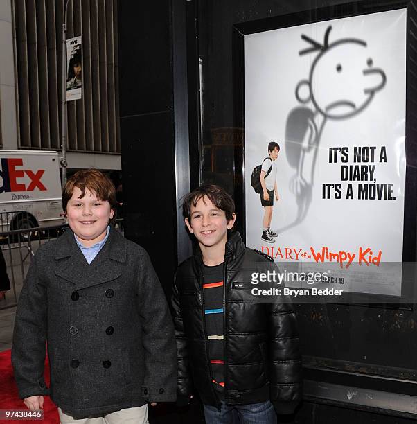 Actors Robert Capron and Zachary Gordon attend the premiere of "Diary Of A Wimpy Kid" at the Ziegfeld Theatre on March 4, 2010 in New York City.