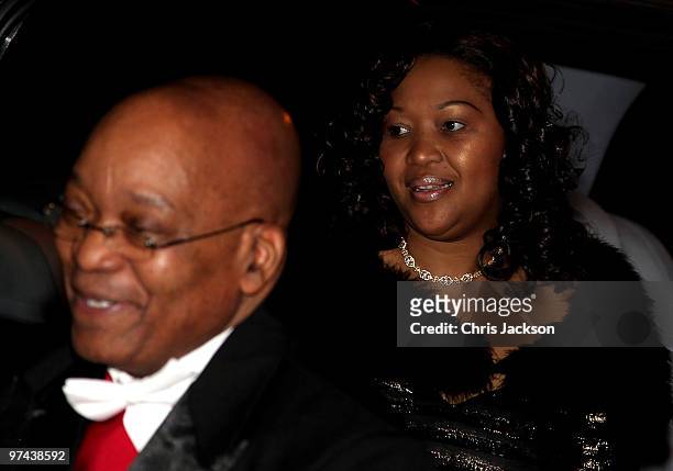 South African President Jacob Zuma and his wife Thobeka Madiba Zuma arrives at the Guildhall for a reception and banquet on March 4, 2010 in London,...