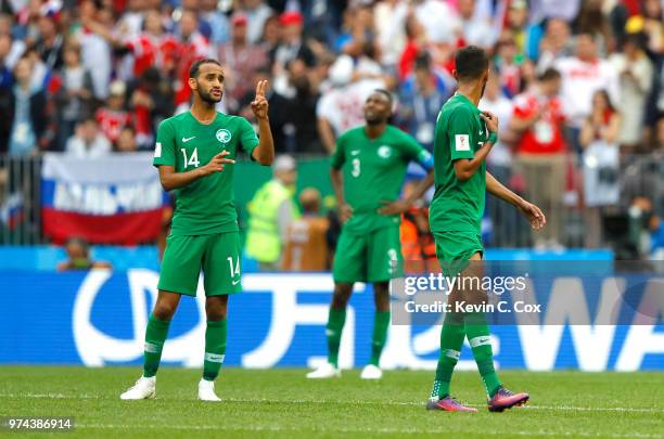 Abdullah Otayf of Saudi Arabia issues instructions to team mate Salman Alfaraj during the 2018 FIFA World Cup Russia Group A match between Russia and...