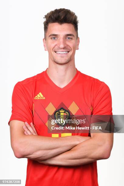 Thomas Meunier of Belgium poses for a portrait during the official FIFA World Cup 2018 portrait session at the Moscow Country Club on June 14, 2018...