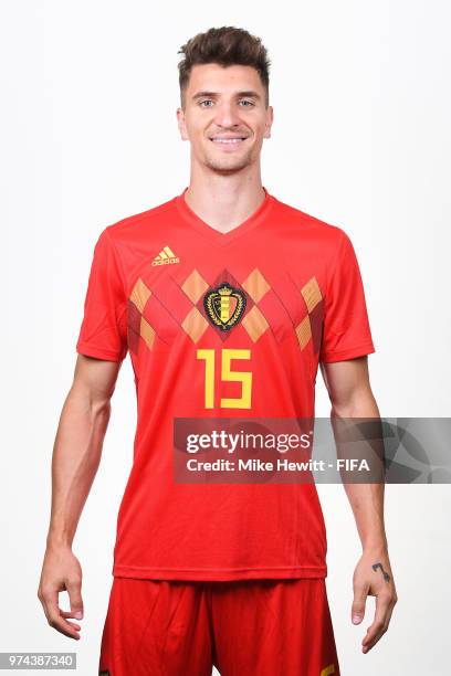 Thomas Meunier of Belgium poses for a portrait during the official FIFA World Cup 2018 portrait session at the Moscow Country Club on June 14, 2018...