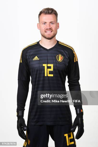 Simon Mignolet of Belgium poses for a portrait during the official FIFA World Cup 2018 portrait session at the Moscow Country Club on June 14, 2018...