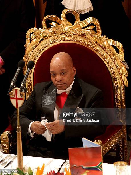 South African President Jacob Zuma attends a banquet in his honour at the Guildhall on March 4, 2010 in London, England. President Zuma and his wife...