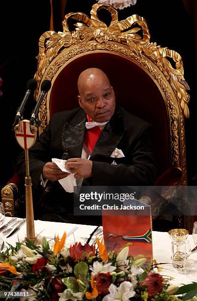 South African President Jacob Zuma attends a banquet in his honour at the Guildhall on March 4, 2010 in London, England. President Zuma and his wife...