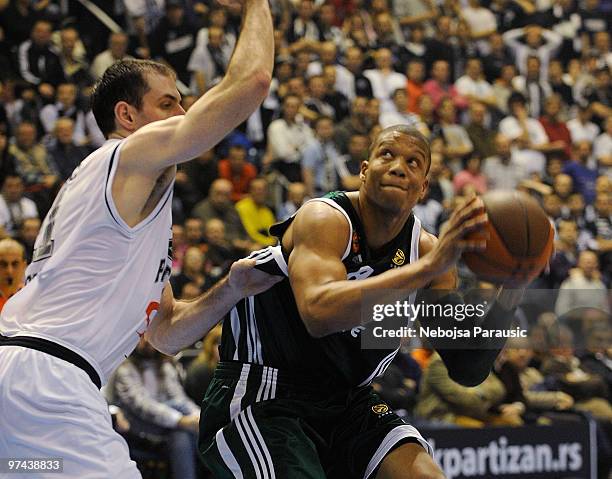 Mike Batiste, #8 of Panathinaikos Athens in action during the Euroleague Basketball 2009-2010 Last 16 Game 5 between Partizan Belgrade vs...