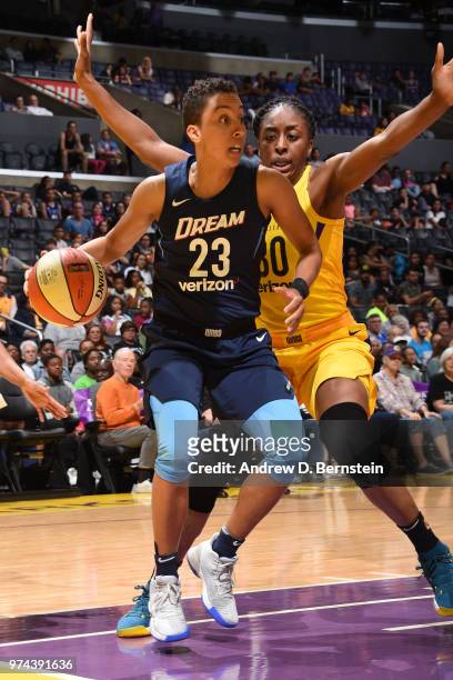 Layshia Clarendon of the Atlanta Dream handles the ball against the Los Angeles Sparks on June 12, 2018 at STAPLES Center in Los Angeles, California....