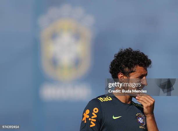 Marquinhos looks on during a Brazil training session ahead of the FIFA World Cup 2018 at Yug-Sport Stadium on June 14, 2018 in Sochi, Russia.