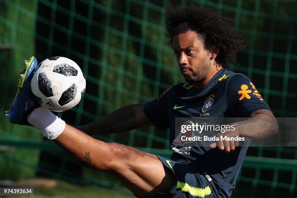 Marcelo in action during a Brazil training session ahead of the FIFA World Cup 2018 at Yug-Sport Stadium on June 14, 2018 in Sochi, Russia.