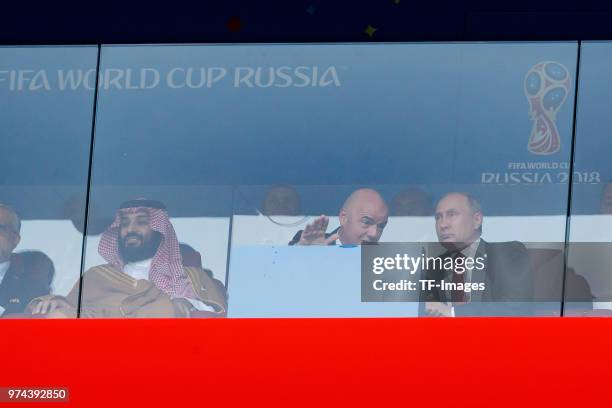 Mohammed bin Salman of Saudi Arabia, FIFA President Gianni Infantino and President Wladimir Putin of Russia look on during the 2018 FIFA World Cup...