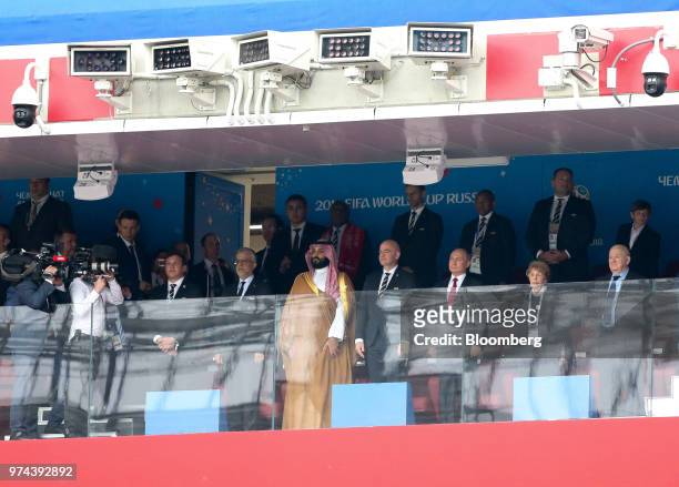 Mohammed Bin Salman, Saudi Arabia's crown prince, center, Giani Infantino, president of FIFA, center right, and Vladimir Putin, Russia's president,...
