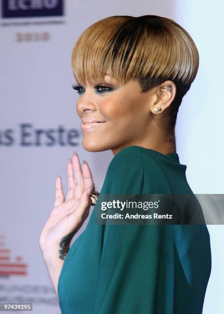 Rihanna arrives for the Echo award 2010 at Messe Berlin on March 4, 2010 in Berlin, Germany.