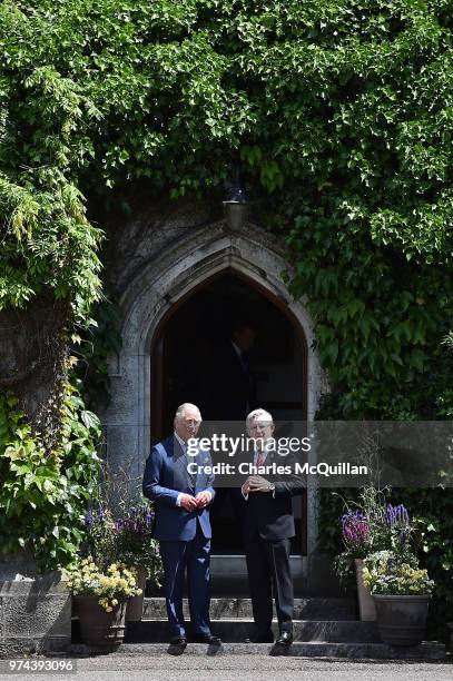 Prince Charles, Prince of Wales speaks with Professor Patrick O'Shea, President of UCC during a visit to University College Cork on June 14, 2018 in...