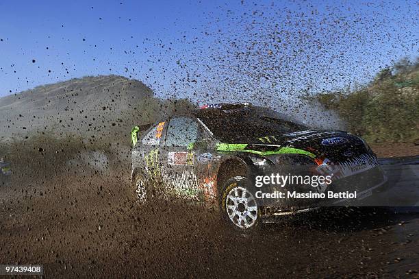 Ken Block of USA and Alex Gelsomino of USA compete in their Monster World Rally Team Ford Focus during the Shakedown of the WRC Rally Mexico on March...