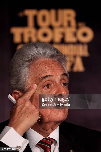 Justino Compean, president of the Mexican Soccer Federation, during the opening of the Fifa World Cup Trophy exhibition at Coca-Cola headquarters as...