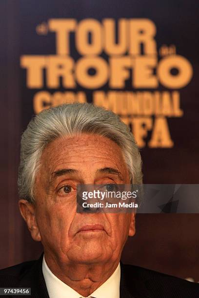 Justino Compean, president of the Mexican Soccer Federation, during the opening of the Fifa World Cup Trophy exhibition at Coca-Cola headquarters as...