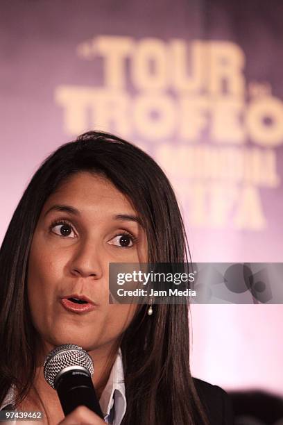 Maria Eugenia del Rio, Director of Coca-Cola Mexico, speaks during the opening of the Fifa World Cup Trophy exhibition at Coca-Cola headquarters as...