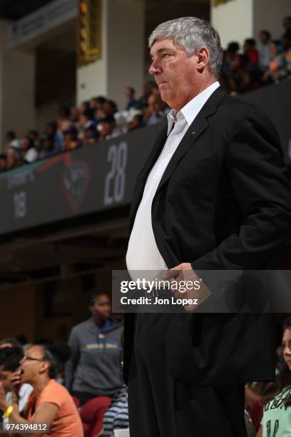 Head Coach Bill Laimbeer of the Las Vegas Aces looks on during the game between the Las Vegas Aces and New York Liberty on June 13, 2018 at...