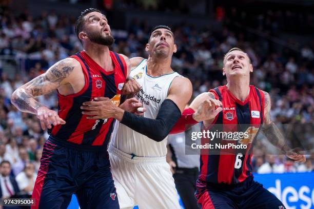 Real Madrid Gustavo Ayon and Kirolbet Baskonia Vincent Poirier and Janis Timma during Liga Endesa Finals match between Real Madrid and Kirolbet...