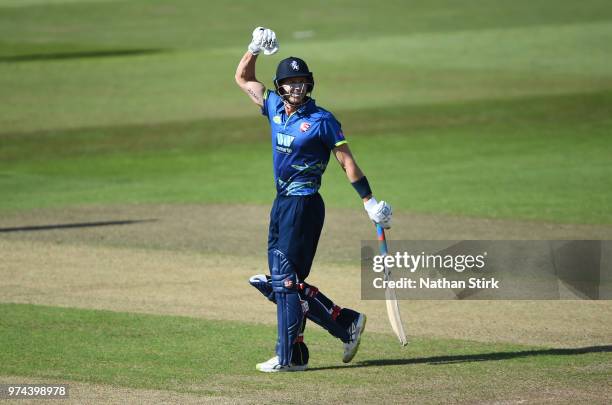 Joe Denly of Kent celebrates after the beat Nottingham during the Royal London One-Day Cup match between Nottinghamshire Outlaws and Kent Spitfires...