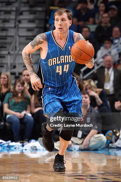 Jason Williams of the Orlando Magic drives the ball upcourt against the New Orleans Hornets during the game on February 26, 2010 at the New Orleans...