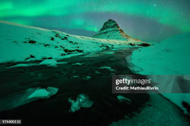 power of nature : amazing northern lights in iceland - snaefellsjokull glacier stock pictures, royalty-free photos & images