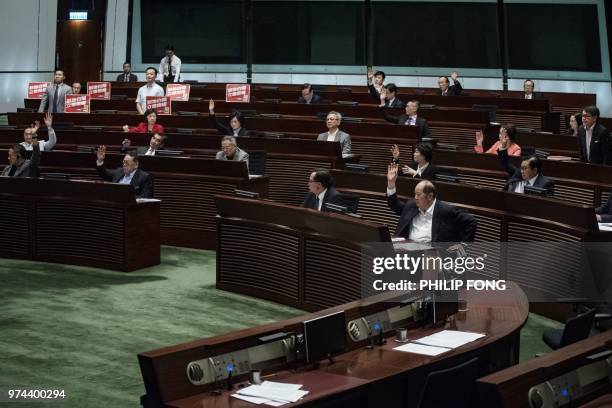 Pro Beijing lawmakers react after the Hong Kong Legislative council passed the Guangzhou-Shenzhen-Hong Kong Express Rail Link Bill on June 14, 2018....