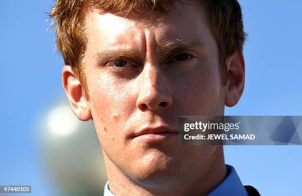 Navy SEAL Petty Officer Second Class Matthew McCabe appears during a press conference outside the Capitol Hill in Washington, DC, on March 4, 2010....