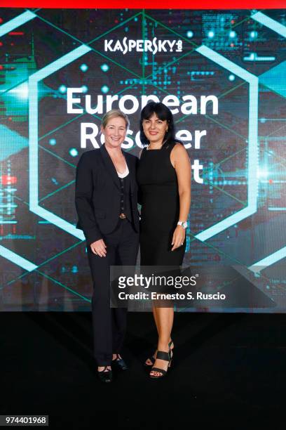 Claudia Pechstein and Ilijana Vavan pose at the Kaspersky Lab European Reseller Summit 2018 on June 12, 2018 in Milano Marittima, Cervia, Italy....