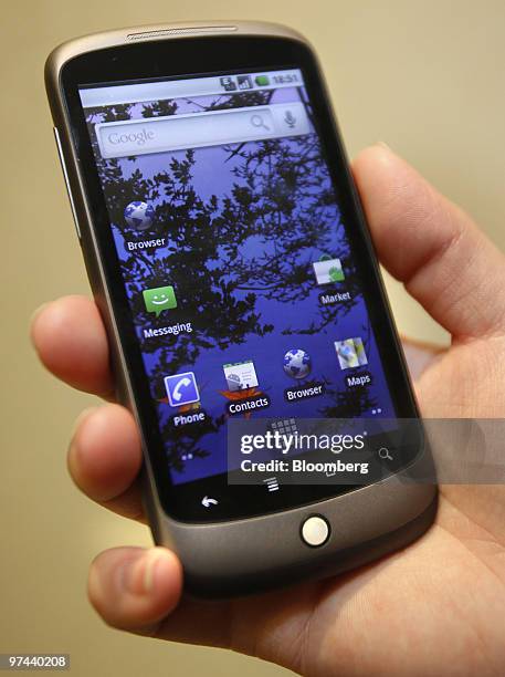 The Google Inc. Nexus One mobile phone, which uses the Qualcomm Inc. Snapdragon processor, is displayed during the Telecom Council of Silicon Valley...