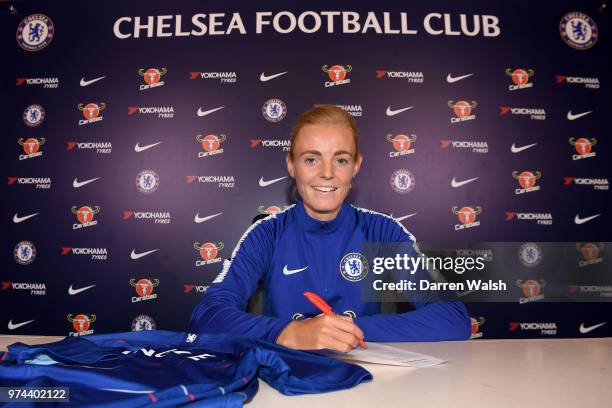 Chelsea FC Women unveil new signing Sophie Ingle at Chelsea Training Ground on June 14, 2018 in Cobham, England.