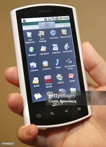 The Acer Inc. Liquid mobile phone, which uses the Qualcomm Inc. Snapdragon processor, is displayed during the Telecom Council of Silicon Valley event...