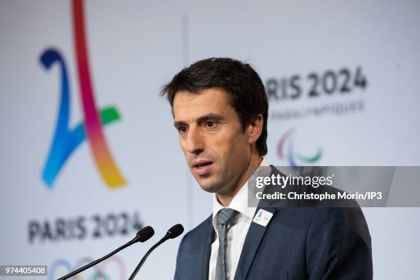 Tony Estanguet, President of Paris 2024 attends the signing of joint funding protocol for the Paris 2024 Olympic Games attends the ceremony of...