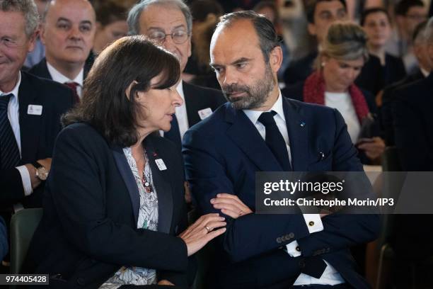 Paris Mayor Anne Hidalgo and French Prime Minister Edouard Philippe attend the ceremony of signing of joint funding protocol for the Paris 2024...