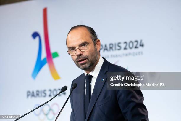 French Prime Minister Edouard Philippe attends the ceremony of signing of joint funding protocol for the Paris 2024 Olympic Games and 2024...