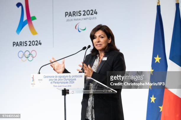 Paris Mayor Anne Hidalgo attends the ceremony of signing of joint funding protocol for the Paris 2024 Olympic Games and 2024 Paralympics games, at...