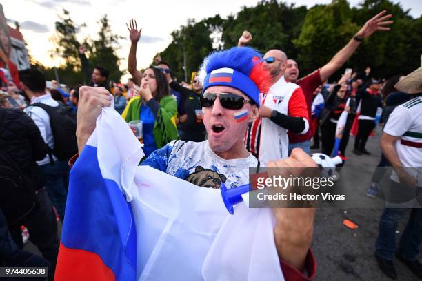 Fan of Russia celebrates after the fifth goal of his team during the 2018 FIFA World Cup Russia group A match between Russia and Saudi Arabia at FIFA...