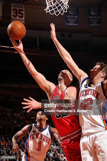 Brad Miller of the Chicago Bulls goes to the basket against David Lee of the New York Knicks during the game on February 17, 2010 at Madison Square...