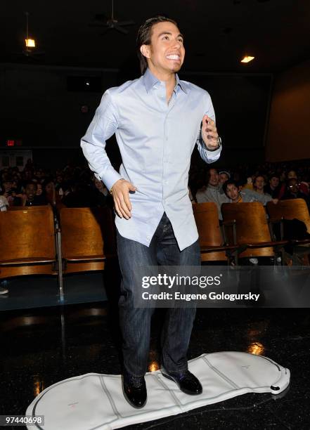 Olympic speedskater Apolo Anton Ohno campaigns against underage drinking at the Robert Wagner Middle School on March 4, 2010 in New York City.