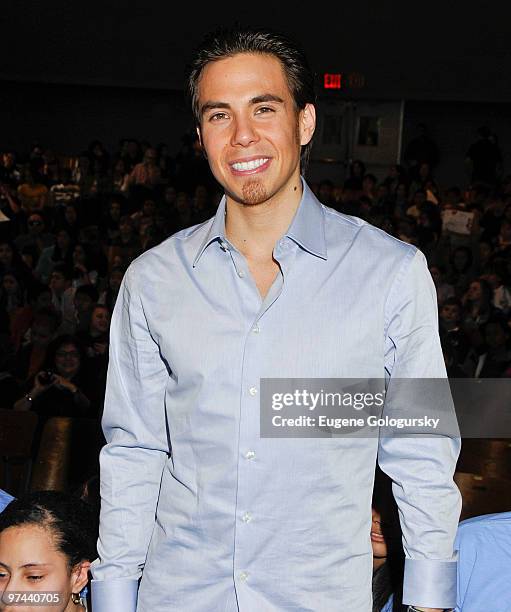 Olympic speedskater Apolo Anton Ohno campaigns against underage drinking at the Robert Wagner Middle School on March 4, 2010 in New York City.