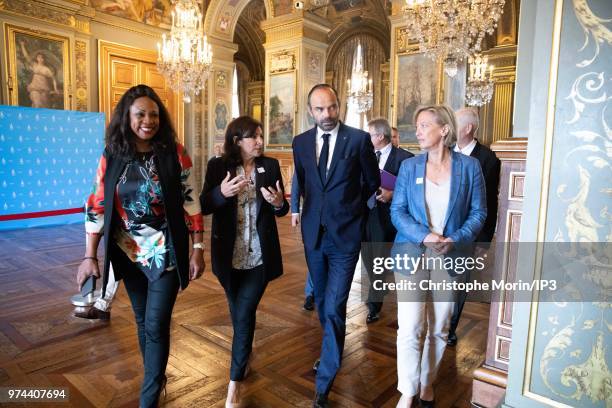 French Sport Minister Laura Flessel , Paris Mayor Anne Hidalgo , French Prime Minister Edouard Philippe , and Sophie Cluzel Prime Minister's...