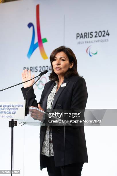 Paris Mayor Anne Hidalgo attends the ceremony of signing of joint funding protocol for the Paris 2024 Olympic Games and 2024 Paralympics games, at...