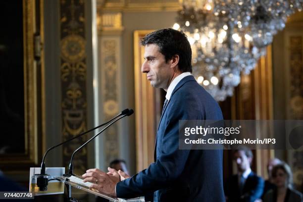 Tony Estanguet, President of Paris 2024 attends the signing of joint funding protocol for the Paris 2024 Olympic Games attends the ceremony of...