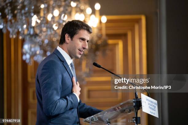 Tony Estanguet, President of Paris 2024 attends the signing of joint funding protocol for the Paris 2024 Olympic Games attends the ceremony of...