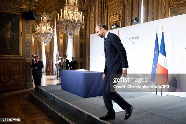 French Prime Minister Edouard Philippe attends the ceremony of signing of joint funding protocol for the Paris 2024 Olympic Games and 2024...